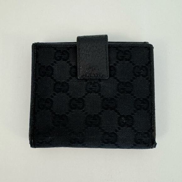 Gucci Double Sided Canvas GG Logo Leather Trim Bifold Wallet Black - Picture 2 of 15